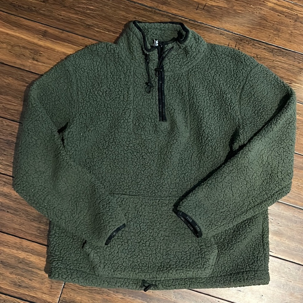 Victoria Secret Pink Sherpa 1/4 Zip Pullover Army Green Size Medium